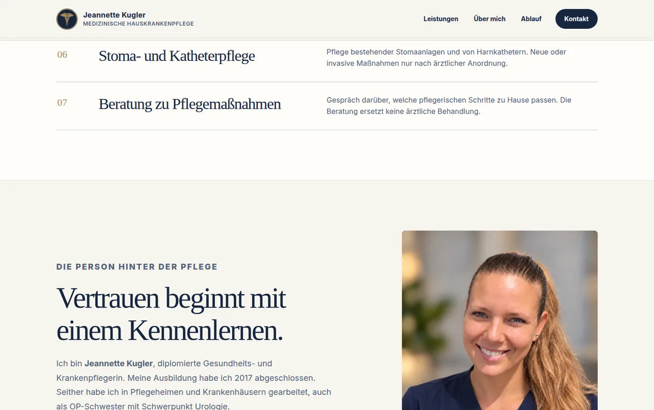 Website-Ausschnitt von Kugler Pflege mit Navigation, Leistungen und Porträt.